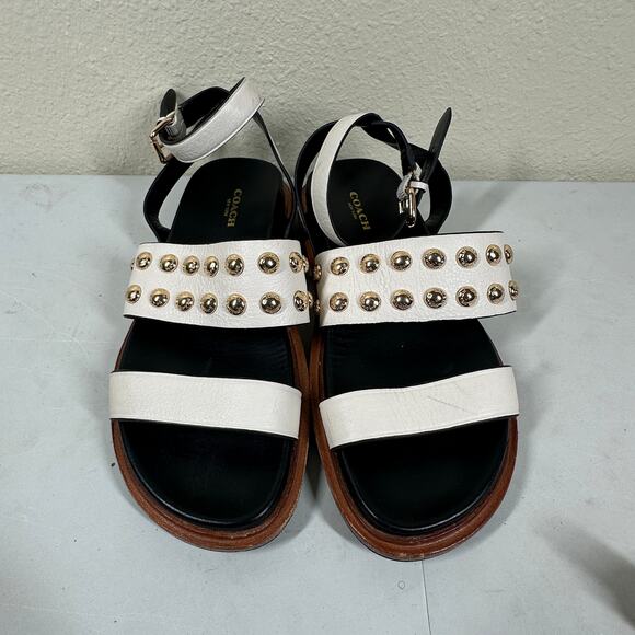 COACH DANNIE WHITE STUDDED BUCKLED FLAT SANDALS Size 8.5 B - Picture 1 of 5